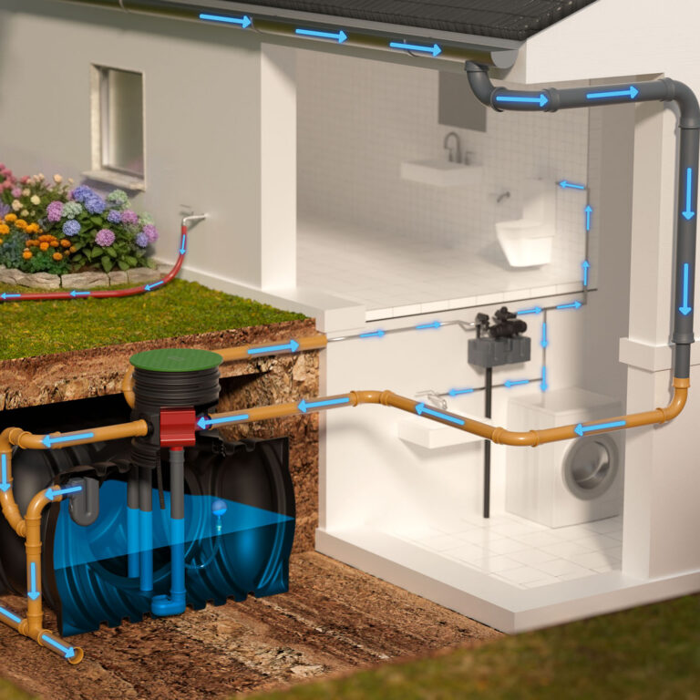 Schnittzeichnung: Regenwassernutzung im Haus mit Erdtank im Garten