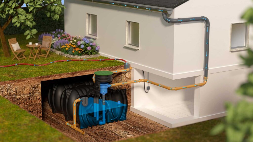 Schnittzeichnung: Erdtank mit Gartenfilter am Wohnhaus