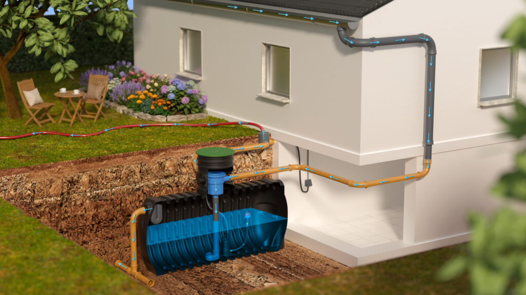 Schnittzeichnung: Erdtank mit Gartenfilter neben dem Wohnhaus